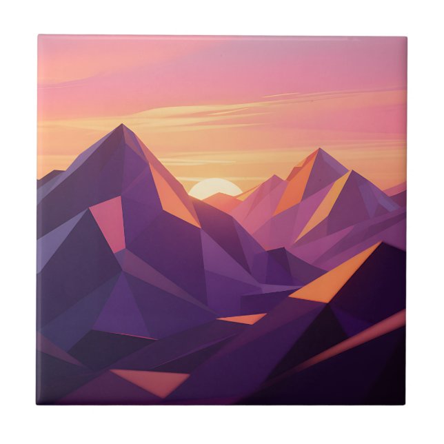 Low Poly Mountain Sunset Geometric Ceramic Tile (Front)
