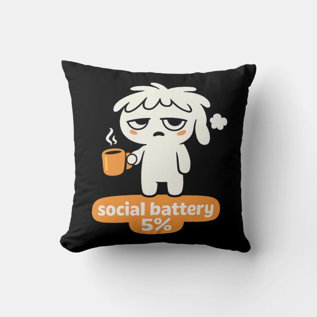 Low Social Energy – Cute Coffee Exhaustion Throw Pillow (Front)