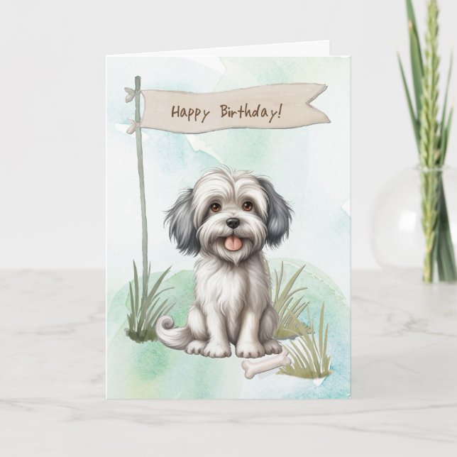 Lowchen Dog Breed Outdoors Under Birthday Sign Card (Front)
