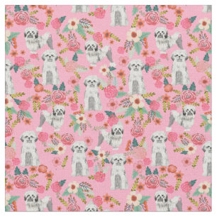 lowchen dog vintage florals pink fabric