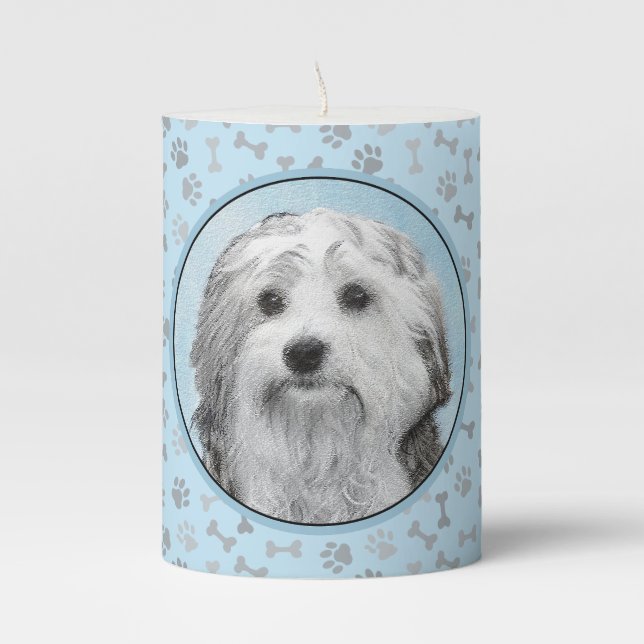 Lowchen Painting - Cute Original Dog Art Pillar Candle (Front)