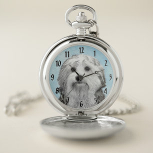 Lowchen Painting - Cute Original Dog Art Pocket Watch