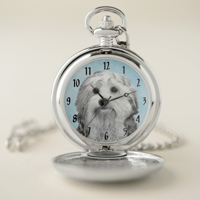 Lowchen Painting - Cute Original Dog Art Pocket Watch (Inside)