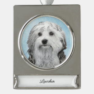 Lowchen Painting - Cute Original Dog Art Silver Pl Silver Plated Banner Ornament