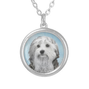 Lowchen Painting - Cute Original Dog Art Silver Plated Necklace
