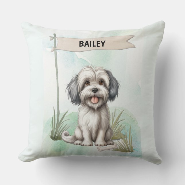 Lowchen Watercolor Personalized Dog Throw Pillow (Front)