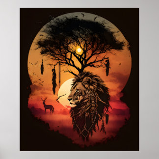 Löwenkopf Traumfänger im Sonnenuntergang Poster