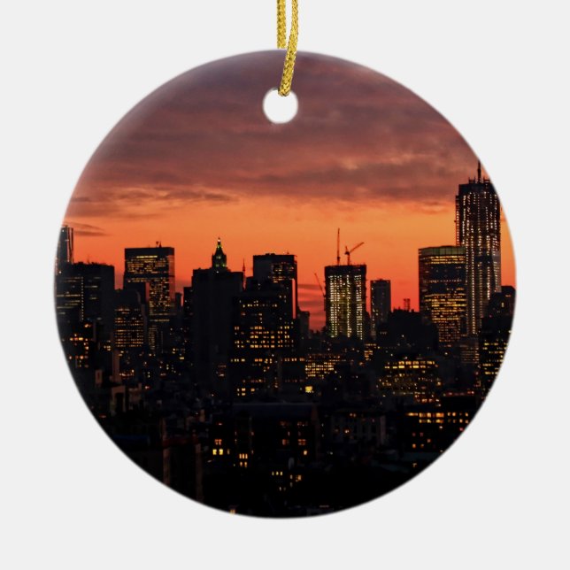 Lower Manhattan Skyline at Twilight, Pink Sky A1 Ceramic Ornament (Front)