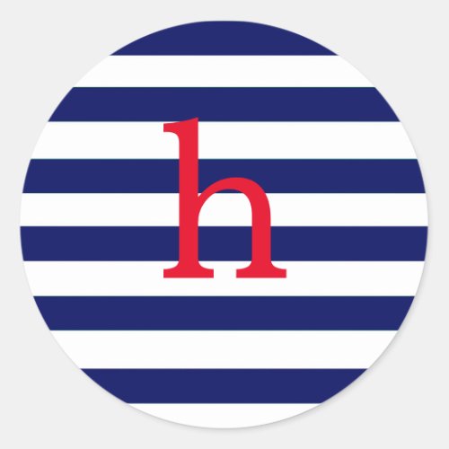 Lowercase Initial Monogram Navy Stripe Classic Round Sticker