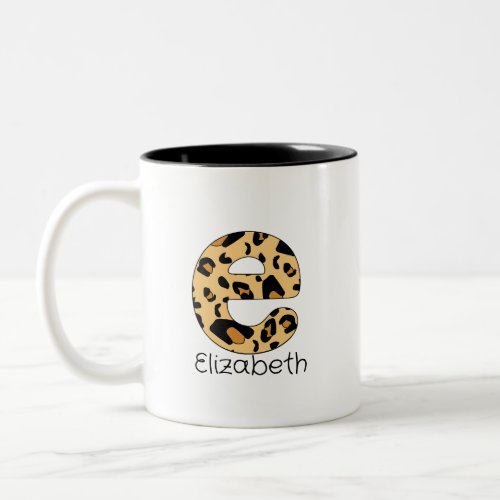 Lowercase Letter e Leopard Print Initial and Name Two_Tone Coffee Mug