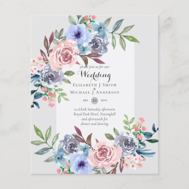 LOWEST BUDGET Pink Blue Flowers Wedding Invitation Flyer (Front)
