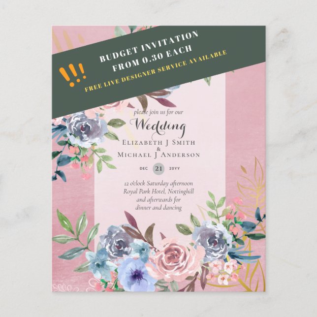 LOWEST BUDGET Pink Blue Flowers Wedding Invitation Flyer (Front)