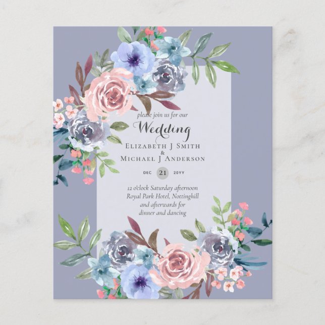 LOWEST BUDGET Pink Blue Flowers Wedding Invitation Flyer (Front)