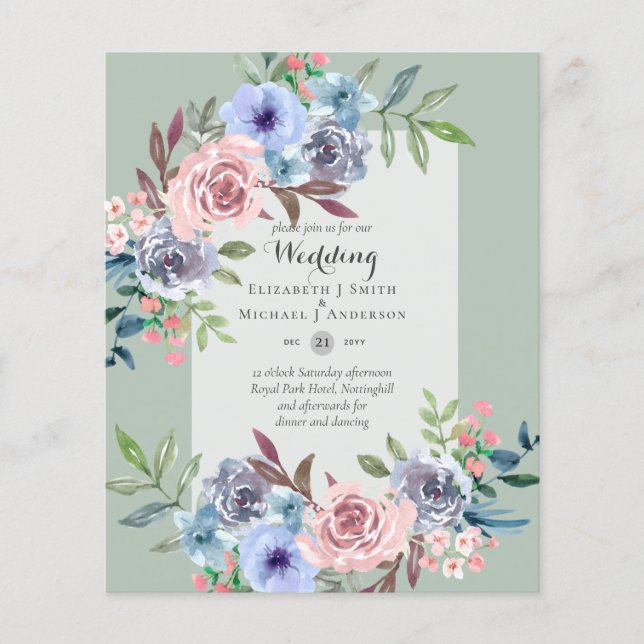 LOWEST BUDGET Pink Blue Flowers Wedding Invitation Flyer (Front)