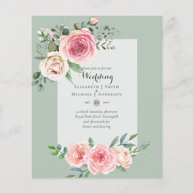 LOWEST BUDGET Pink Roses Floral Wedding Invites Flyer (Front)