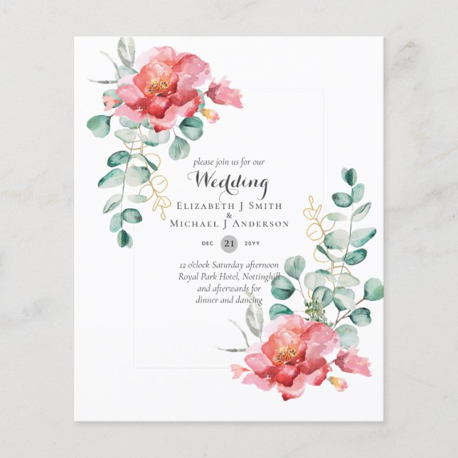 LOWEST BUDGET Red Floral Eucalyptus WEDDING Invite Flyer (Front)