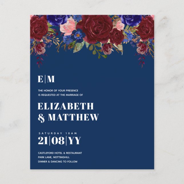 LOWEST PRICED Burgundy Blue Floral Wedding Flyer (Front)