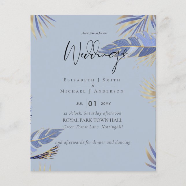 LOWEST PRICED Dusty Blue TROPICAL Leaf Wedding Flyer (Front)