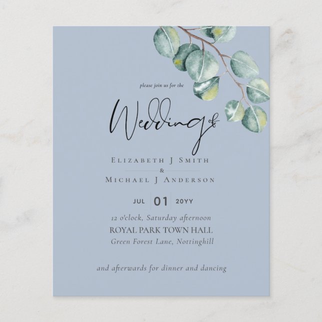 LOWEST PRICED Eucalyptus Dusty Blue Wedding Flyer (Front)
