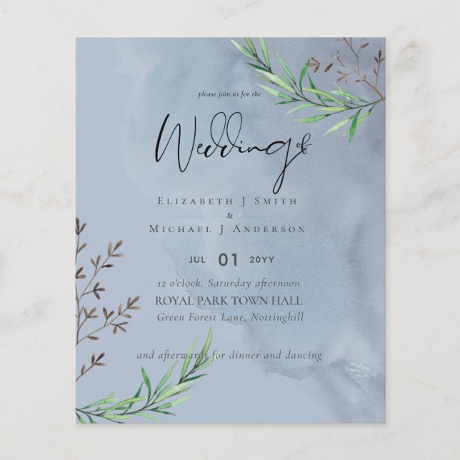 LOWEST PRICED Olive Leaves Dusty Blue Wedding Flyer (Front)