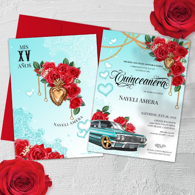 Lowrider Chola Chicano Red Rose Quinceanera Invitation (Creator Uploaded)