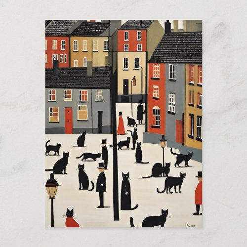 Lowry Style Cat Postcard