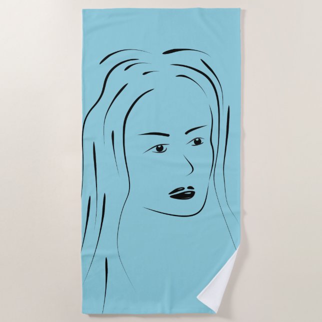 Loyal Black Line Art Woman Face Digital Hand-drawn Beach Towel (Front)