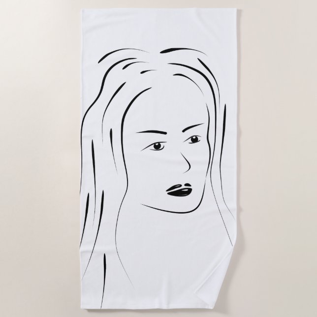 Loyal Black Line Art Woman Face Digital Hand-drawn Beach Towel (Front)