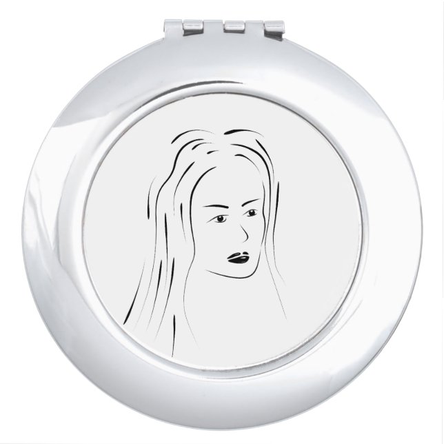 Loyal Black Line Art Woman Face Digital Hand-drawn Compact Mirror (Front)