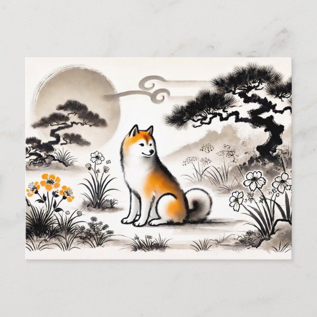 Loyal Dog in Garden Under Bonsai ink art Holiday Postcard (Front)