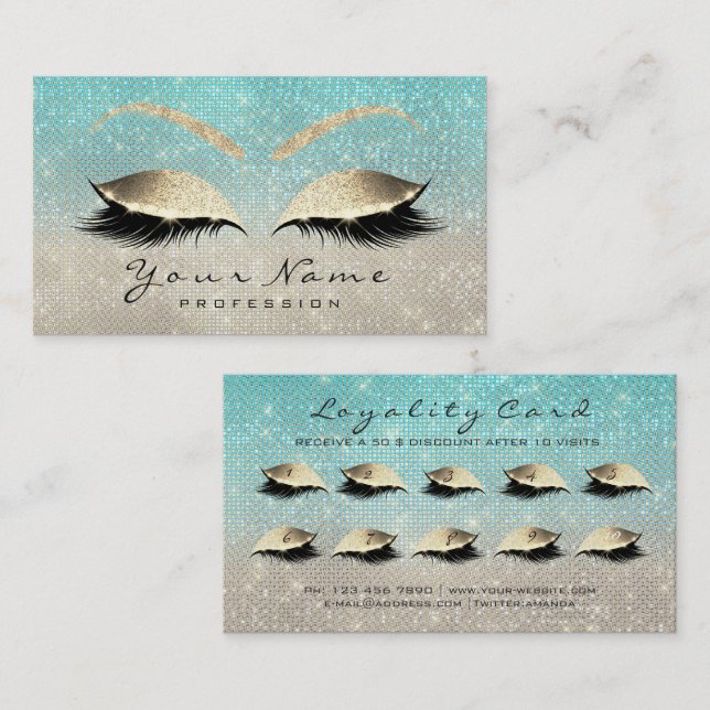 Loyalty Card 10 Makeup Lashes Extension Blue Gold (Front/Back)