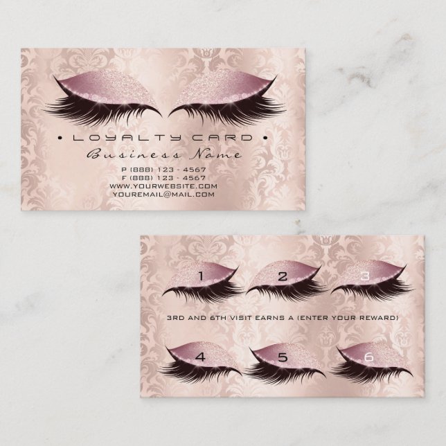 Loyalty Card 6 Beauty Salon Lashes Damask Pink Lux (Front/Back)