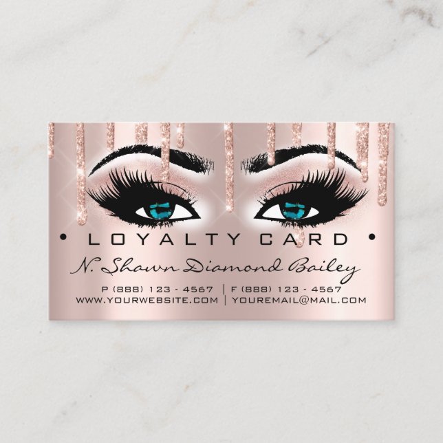 Loyalty Card 6 Beauty Salon Lashes Rose Blue Drips (Front)