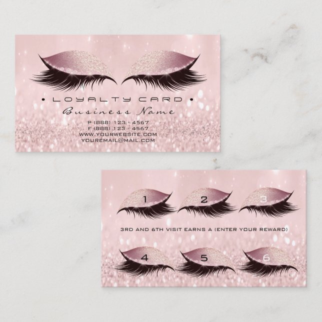 Loyalty Card 6 Beauty Salon Lashes Rose Pink Glam (Front/Back)