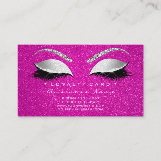 Loyalty Card 6 Lash Silver Hot Pink Crown Glitter (Front)