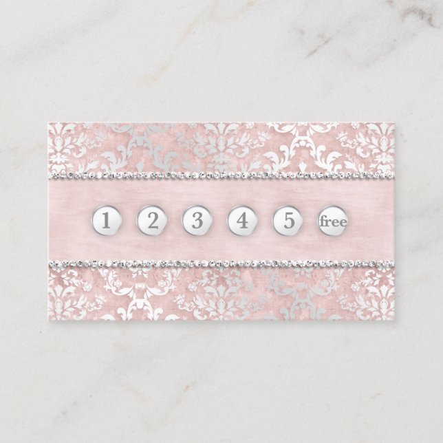 Loyalty Card Blue Pink Glimmer Damask Silver (Front)