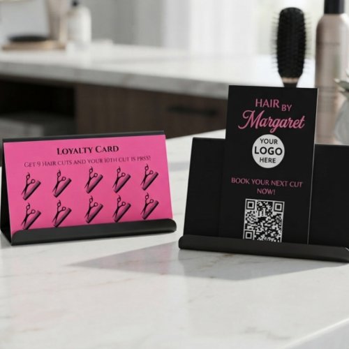 Loyalty Card QR Code Logo Pink Black Hair Salon