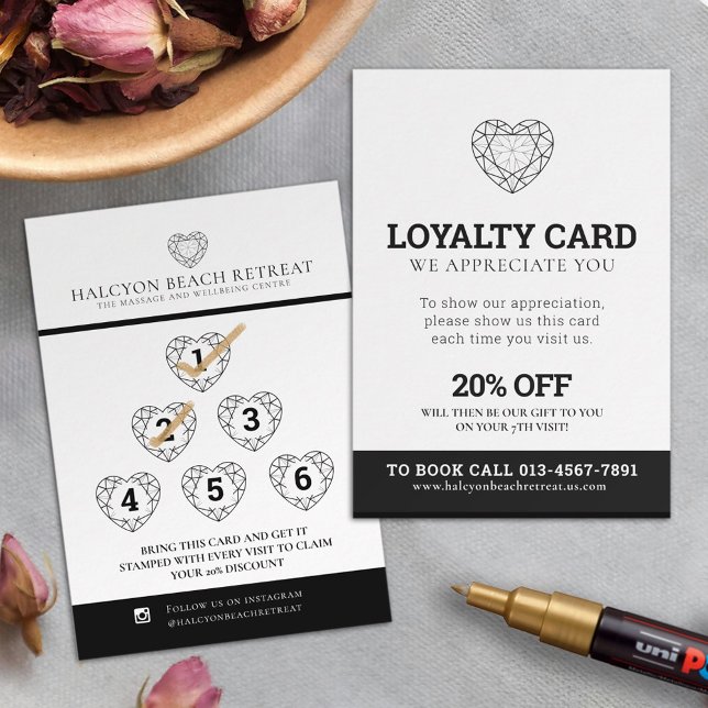 Loyalty love promotion 7th visit 20% black white business card (Creator Uploaded)