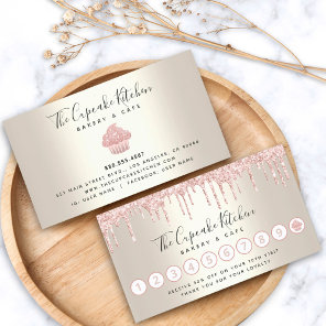 Loyalty Pink Glitter Drip Cupcake Bakery Chef Gold Business Card