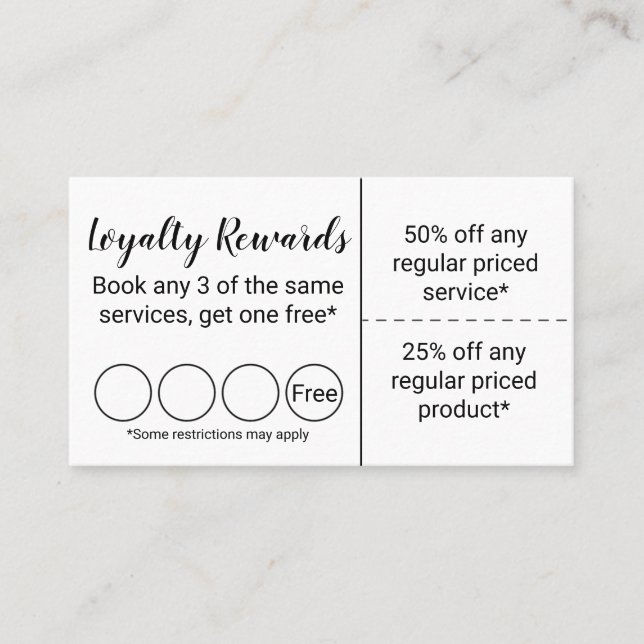 Loyalty rewards and discount program business card (Front)