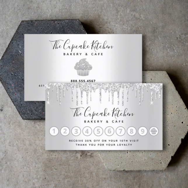 Loyalty Silver Cupcake Bakery Chef Glitter Drips Business Card (Creator Uploaded)