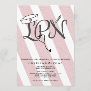 LPN nurse graduation invites blush pink glitter