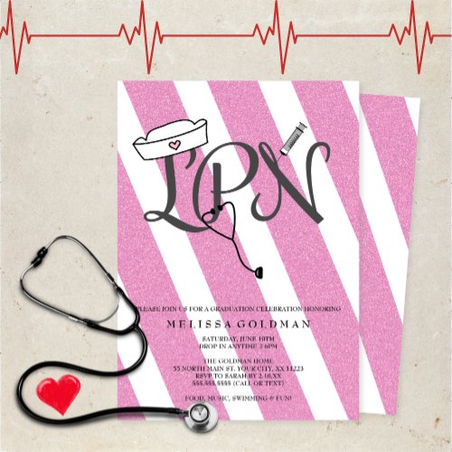 LPN nurse graduation invites hot pink glitter