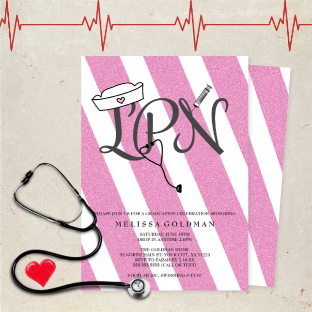 LPN nurse graduation invites hot pink glitter (Creator Uploaded)