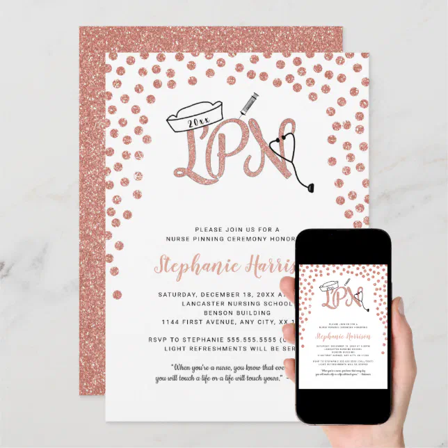 LPN nurse graduation rose gold confetti pinning Invitation | Zazzle