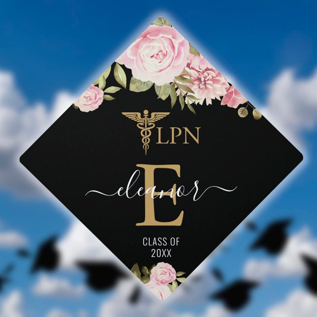 LPN Nursing Gold Monogram Floral Graduation Cap Topper (Creator Uploaded)