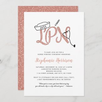 LPN pinning ceremony invitation, rose gold glitter Invitation