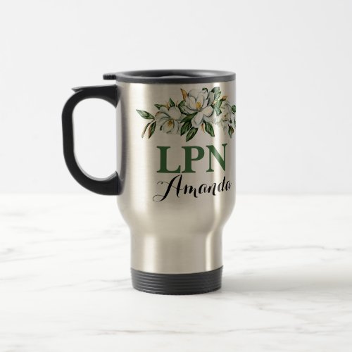 LPN Watercolor Floral Greenery Magnolia Graduation Travel Mug