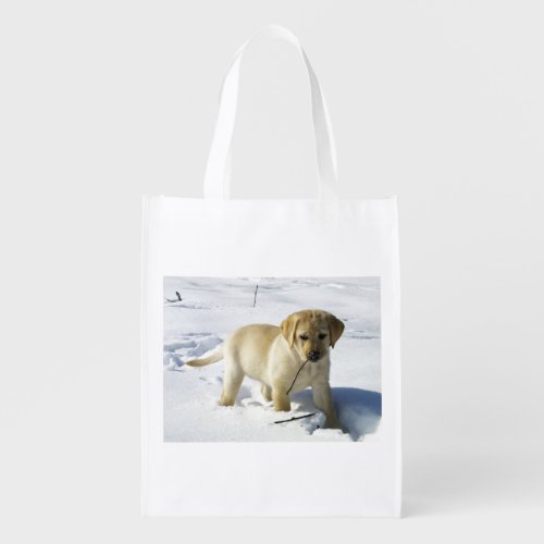 LR yellow lab puppy in snow Grocery Bag