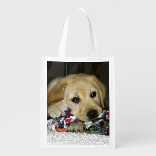 LR yellow lab puppy with toy Grocery Bag